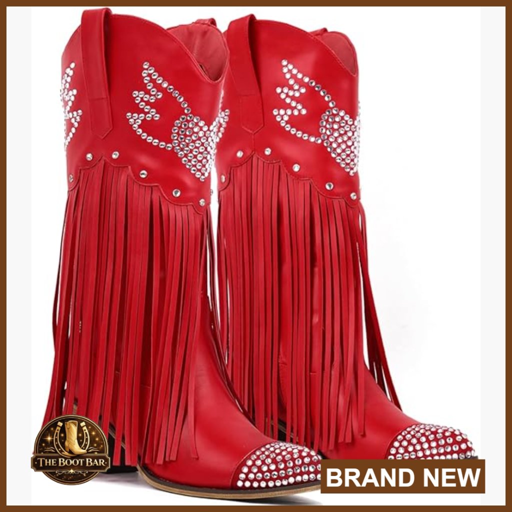 Mid Calf Cowboy Boots With Fringe Rhinestone Hearts, Pointed Toe